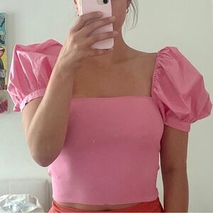 Bubblegum Pink Tieback Bow Puffy Sleeves top